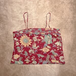 Vintage 70s Fritzi Multicolor Floral Rooster Crane Print Tank Top Pleated Bird